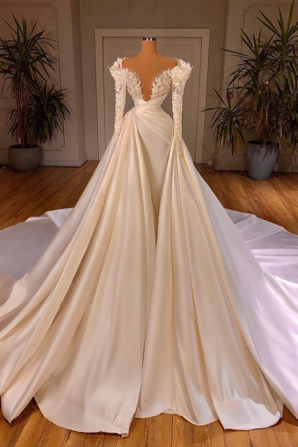 Charming A-Line Cathedral V-Neck Long Wedding Dress With Long Sleeves-Ballbella