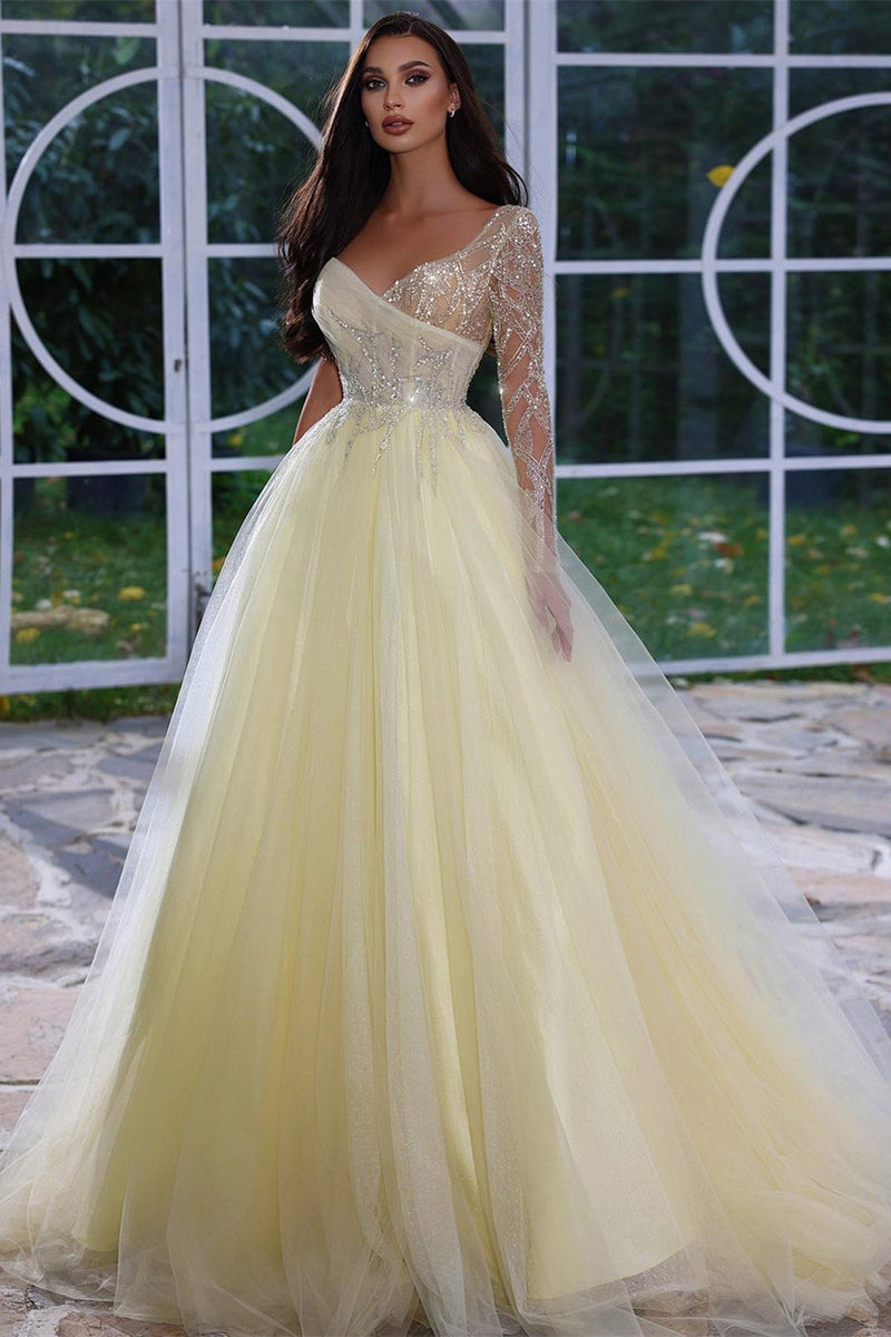 gold and white long sleeve prom dress Long Sleeves Glitter A Line Long Prom Dress