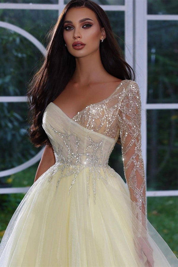 Charming A-line Long Sleeves Prom Dress With Beads Sequins-Ballbella