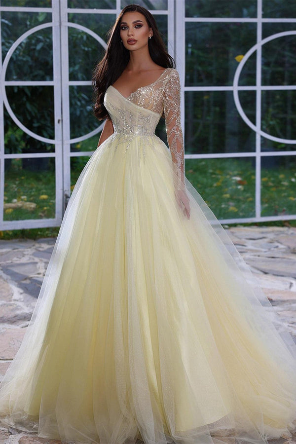 Charming A-line Long Sleeves Prom Dress With Beads Sequins-Ballbella