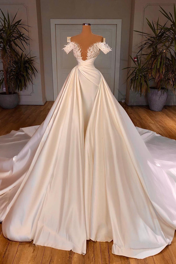 Charming A-Line Off-the-shoulder Cathedral V-Neck Long Wedding Dress-Ballbella