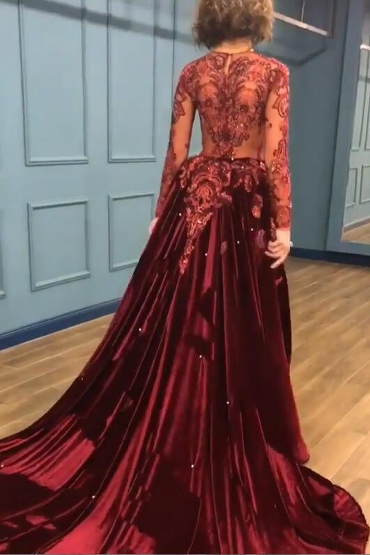 Charming Beading Burgundy Long Sleevess Prom Dresses with Appliques-Ballbella