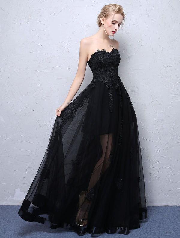 Black Evening Dresses Strapless Long Party Dress Lace Applique Sweetheart Illusion Formal Evening Dress