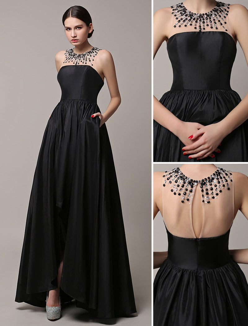 Charming Black High Low Beading Illusion Neckline Taffeta Evening Dress-Ballbella