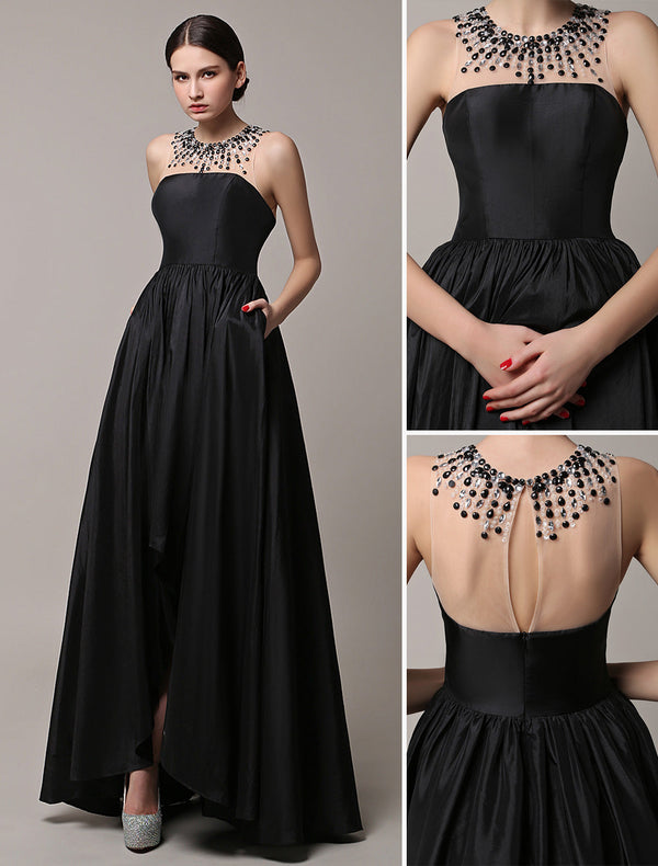 Black Evening Dresses  Long Wedding Dress High Low Beading Illusion Neckline Taffeta Evening Dress Wedding Guest Dress 