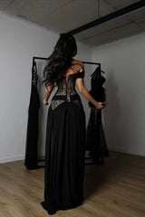 Charming Black Off-The-Shoulder Chiffon Lace Prom Dress A-Line High Split With Lace-Up Back-Ballbella