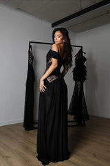 Charming Black Off-The-Shoulder Chiffon Lace Prom Dress A-Line High Split With Lace-Up Back-Ballbella
