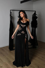 Charming Black Off-The-Shoulder Chiffon Lace Prom Dress A-Line High Split With Lace-Up Back-Ballbella