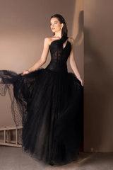 Charming Black One Shoulder Sleeveless Tulle Prom Dresses A-Line Long With Pleats-Ballbella