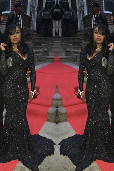 Charming Black Sequins Long-Sleeves Deep-V-Neck Alluring Prom Dresses-Ballbella
