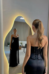 Charming Black Strapless Satin Prom Dresses Sleeveless Mermaid With Lace-Up Back Ruffle-Ballbella
