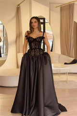 Charming Black Straps Sweetheart Sleeveless Prom Dresses A-Line Long With Pocket-Ballbella