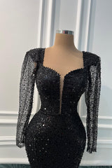 Charming Black Sweetheart Long Sleeves Sequins Prom Dresses Mermaid Online-Ballbella