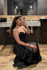 Charming Black Sweetheart Strapless Sleeveless Prom Dress Sequins Sheath With Beads-Ballbella