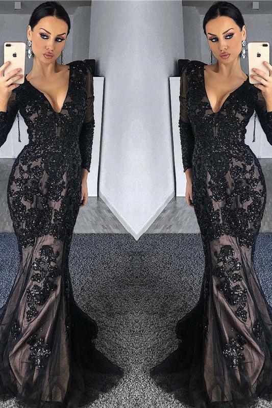 Charming Black Tulle Nude Lining Evening Dresses with Sleeves Elegant Long Sleeves Beads Appliques Prom Dresses-Ballbella