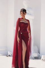 Charming Burgundy Sweetheart Sleeveless Chiffon Prom Dress Mermaid High Split On Sale-Ballbella
