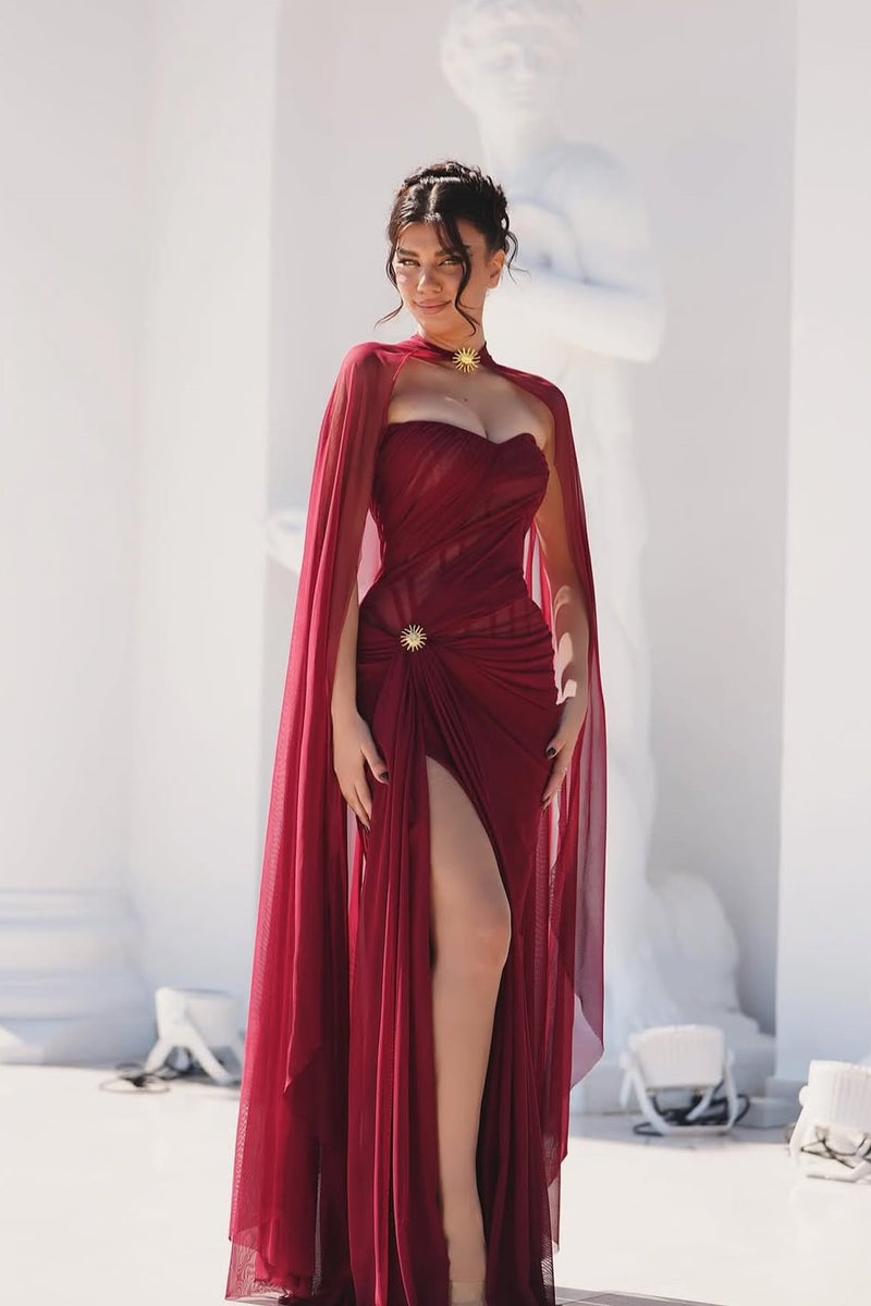 Charming Burgundy Sweetheart Sleeveless Chiffon Prom Dress Mermaid High Split On Sale Charming Burgundy Sweetheart Sleeveless Chiffon Prom Dress Mermaid High Split On Sale