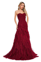 Charming Burgundy Sweetheart Strapless Sleeveless Tulle Prom Dresses Sheath With Pleats-Ballbella
