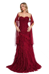 Charming Burgundy Sweetheart Strapless Sleeveless Tulle Prom Dresses Sheath With Pleats-Ballbella