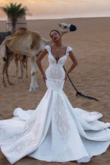 Charming Cap Sleeves V Neck Appliques Mermaid Sweep Train Wedding Dresses-Ballbella