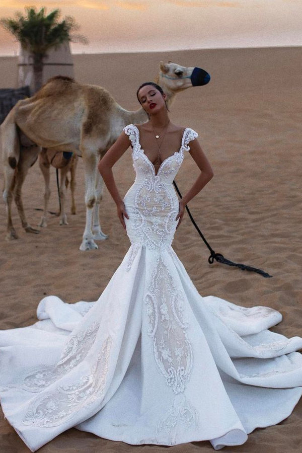 Charming Cap Sleeves V Neck Appliques Mermaid Sweep Train Wedding Dresses-Ballbella