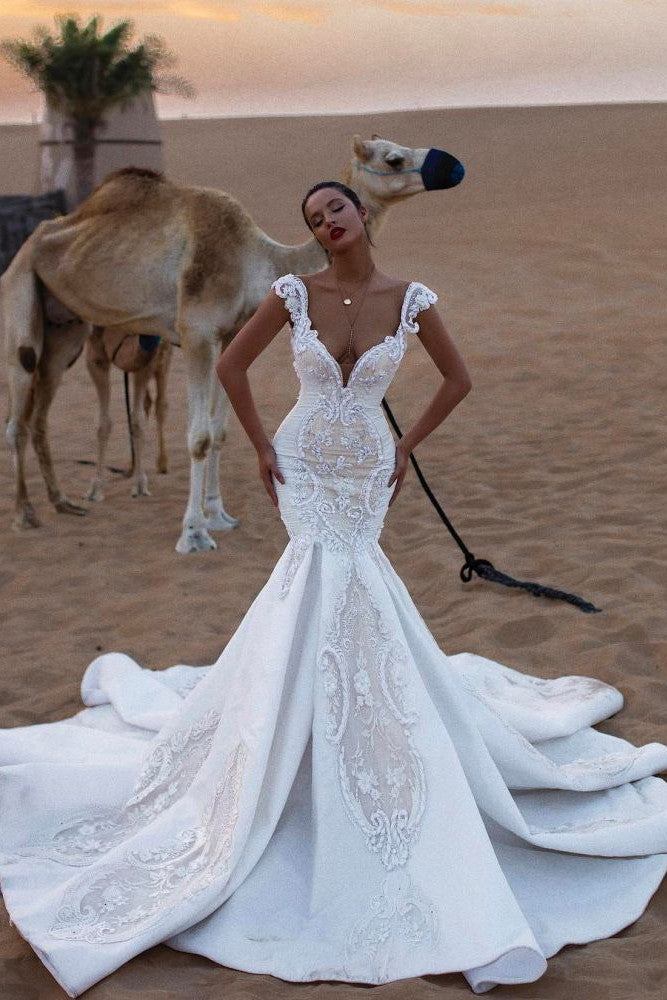 Charming Cap Sleeves V Neck Appliques Mermaid Sweep Train Wedding Dresses-Ballbella