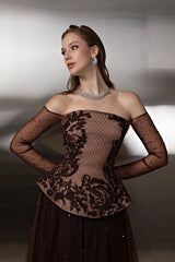 Charming Chocolate Off-The-Shoulder Tulle A-Line Prom Dress Long Sleeves With Applique Lace-Ballbella