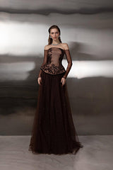 Charming Chocolate Off-The-Shoulder Tulle A-Line Prom Dress Long Sleeves With Applique Lace-Ballbella