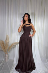 Charming Chocolate Strapless Sleeveless Chiffon Prom Dresses A-Line With Pleats-Ballbella