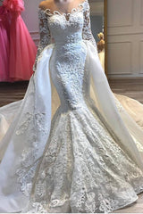 Looking for a dress in Lace, Mermaid style, and Amazing Lace work? We meet all your need with this Classic Charming Crew Neck Lace Appliques Mermaid Wedding Bridal Gowns with Detachable Train.