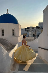 Charming Daffodil Strapless Prom Dress Sleeveless A-Line Side Slit With Pleats-Ballbella
