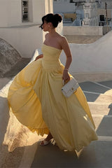 Charming Daffodil Strapless Prom Dress Sleeveless A-Line Side Slit With Pleats-Ballbella