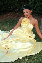 Charming Daffodil Strapless Satin Prom Dresses Sleeveless Hi-Lo With Pleats-Ballbella
