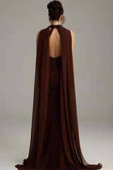 Charming Dark Brown Halter Sleeveless Mermaid Prom Dresses Sheath Backless With Beads-Ballbella