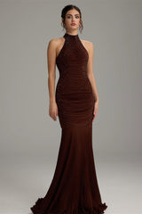 Charming Dark Brown Halter Sleeveless Mermaid Prom Dresses Sheath Backless With Beads-Ballbella