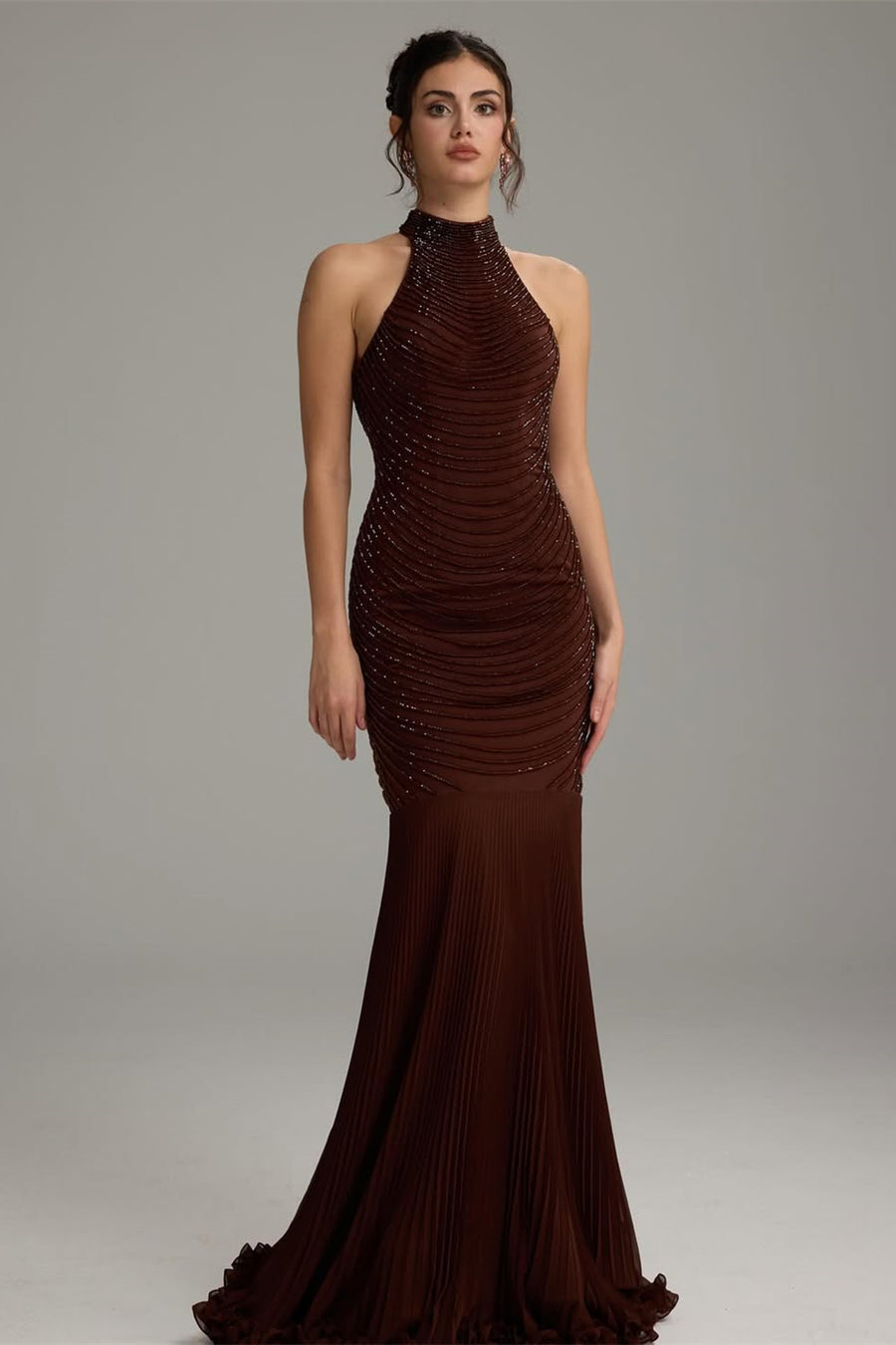 open lace back dress Charming Dark Brown Halter Sleeveless Mermaid Prom Dresses Sheath Backless with Beads