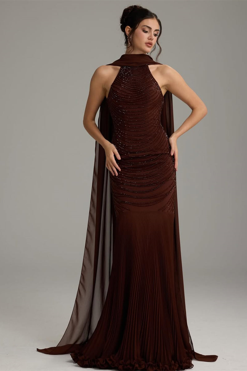 Charming Dark Brown Halter Sleeveless Mermaid Prom Dresses Sheath Backless With Beads Charming Dark Brown Halter Sleeveless Mermaid Prom Dresses Sheath Backless With Beads