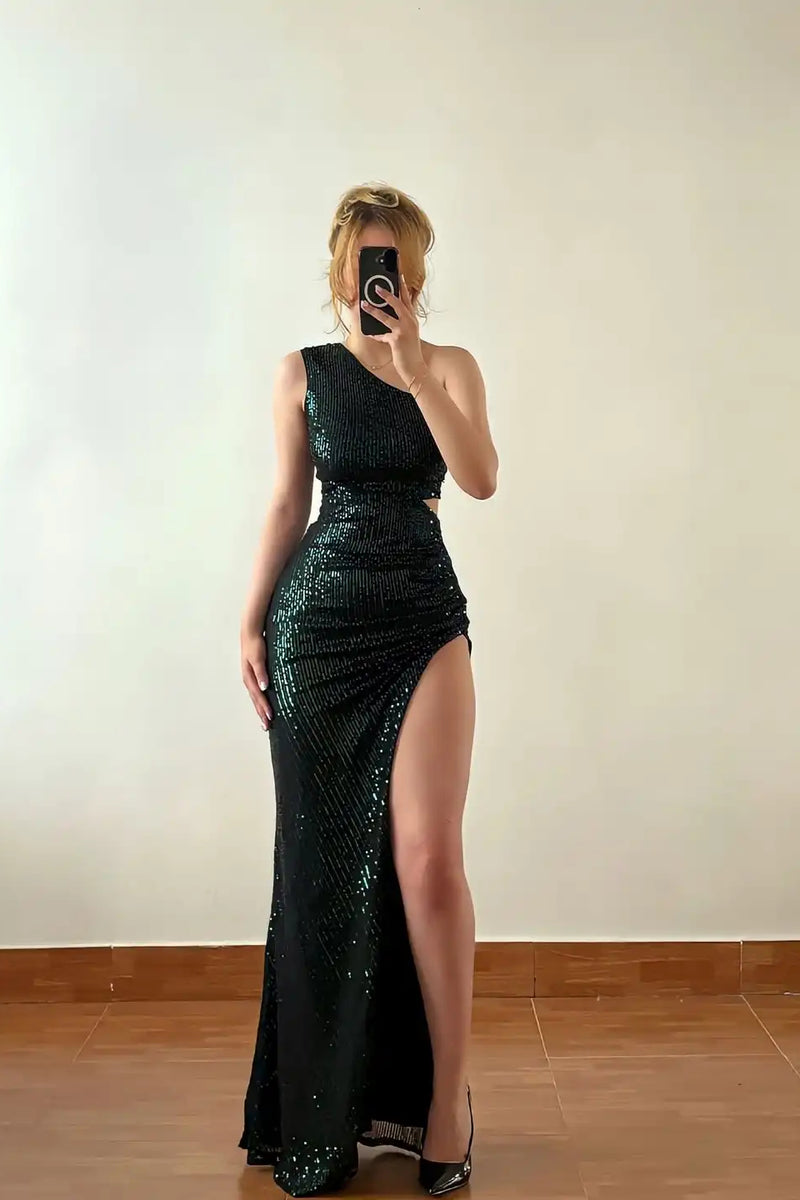 dark green one shoulder dress Charming Sleeveless Mermaid Sequins Prom Column With High Split one shoulder dress hairstyles Women's Wedding Guest Petite Colour:905 Deep Blue Base Side zip closure One percy