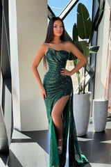 Charming Dark Green Strapless Sleeveless Prom Dresses High Split Mermaid With Beads-Ballbella