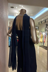 Charming Dark Navy Strapless Sleeveless Stain Prom Dresses Sheath Long On Sale-Ballbella