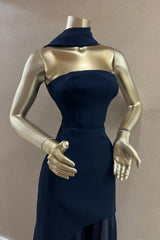 Charming Dark Navy Strapless Sleeveless Stain Prom Dresses Sheath Long On Sale-Ballbella