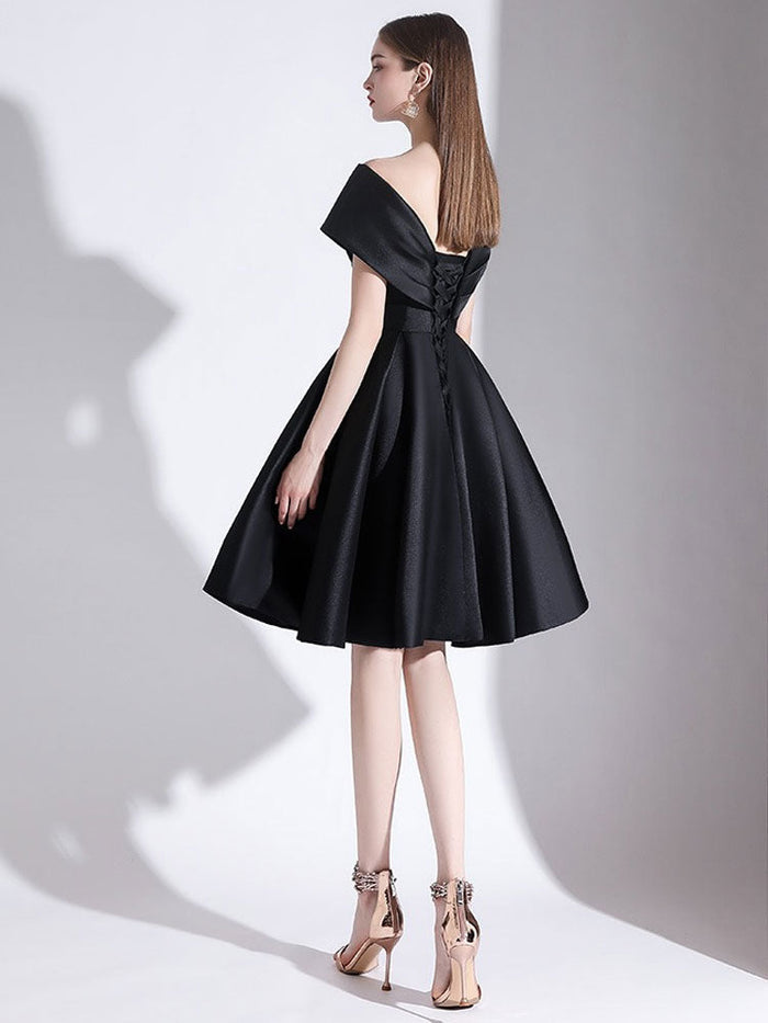 Charming Evening Dress A-Line V-Neck Knee-Length Short Sleeves Lace-up Pleated Satin Fabric Cocktail Dress Little Black Dress Charming Evening Dress A-Line V-Neck Knee-Length Short Sleeves Lace-up Pleated Satin Fabric Cocktail Dress Little Black Dress