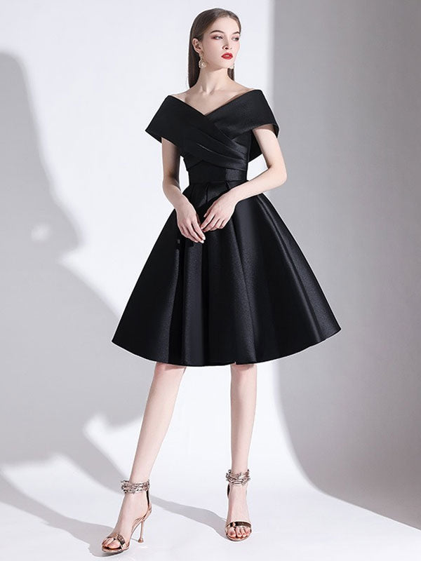 Evening Dress A-Line V-Neck Knee-Length Short Sleeves Lace-up Pleated Satin Fabric Cocktail Dress Little Black Dress, fast delivery worldwide.