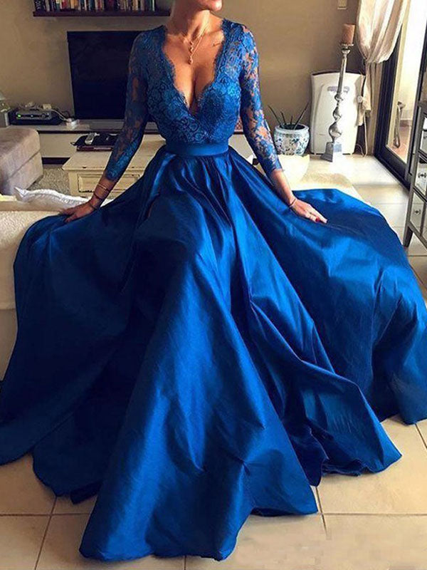Evening Dress Ball Gown V Neck 3/4 Length Sleeves Zipper Lace Satin Fabric Social Party Dresses With Train