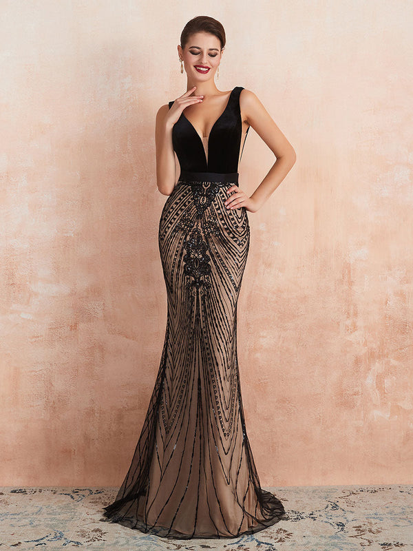 Evening Dress  Mermaid Black Beaded Sleeveless V Neck Formal Party Dresses With Train, fast delivery worldwide.