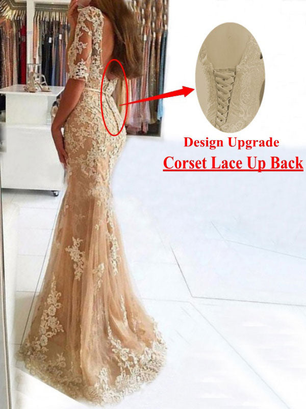Evening Dress Mermaid Illusion Neckline Lace Applique Formal Party Dresses With Train