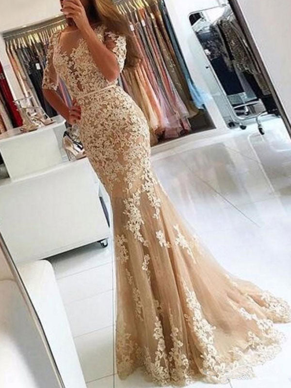 Evening Dress Mermaid Illusion Neckline Lace Applique Formal Party Dresses With Train, fast delivery worldwide.