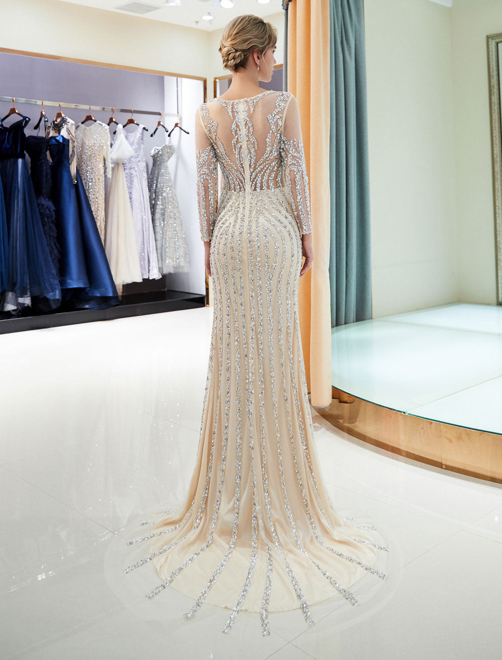 chinese dress ladies Charming Evening Dresses Long Sleeve Light Grey Mermaid Beading Illusi –  Ballbella