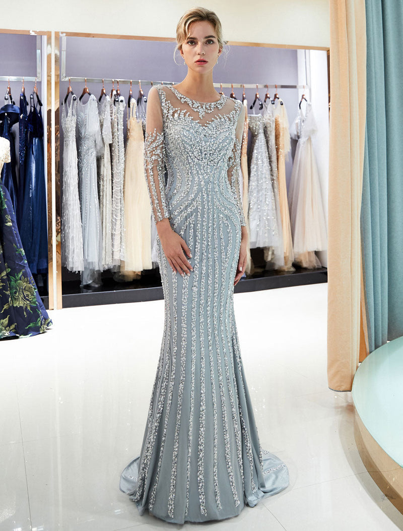 Charming Evening Dresses Long Sleeve Light Grey Mermaid Beading Illusion Luxury Formal Gowns Charming Evening Dresses Long Sleeve Light Grey Mermaid Beading Illusion Luxury Formal Gowns