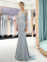 Evening Dresses Long Sleeve Light Grey Mermaid Beading Illusion Luxury Formal Gowns